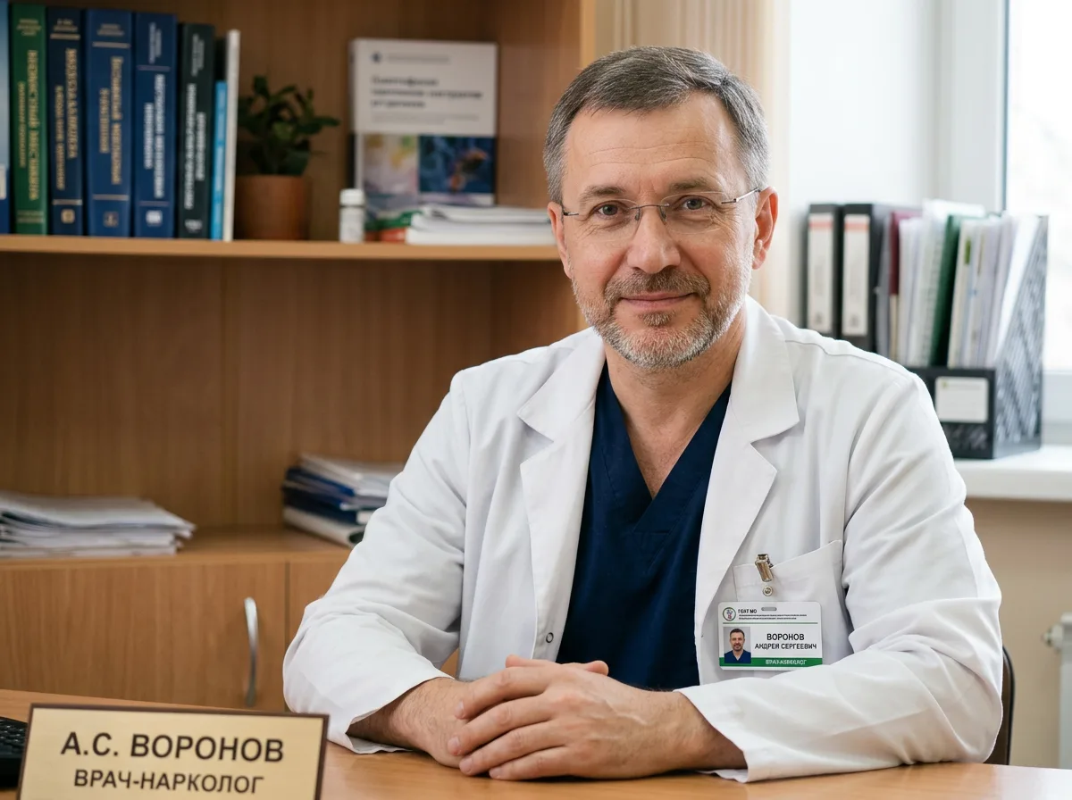 Портрет врача-нарколога Андрея Сергеевича Воронова — мужчина средних лет, профессиональный медицинский портрет на нейтральном фоне